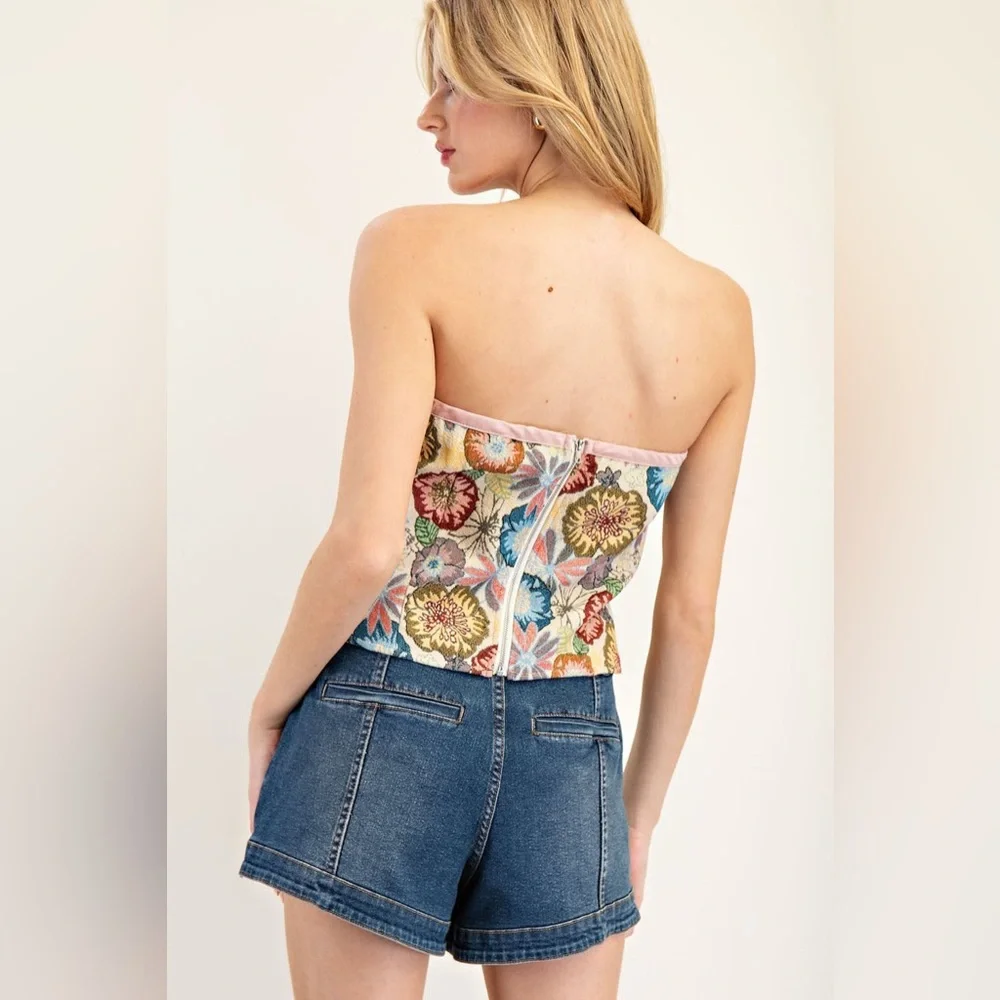 Strapless Retro Floral Tapestry Crop Top - eesome - Picture 3 of 5